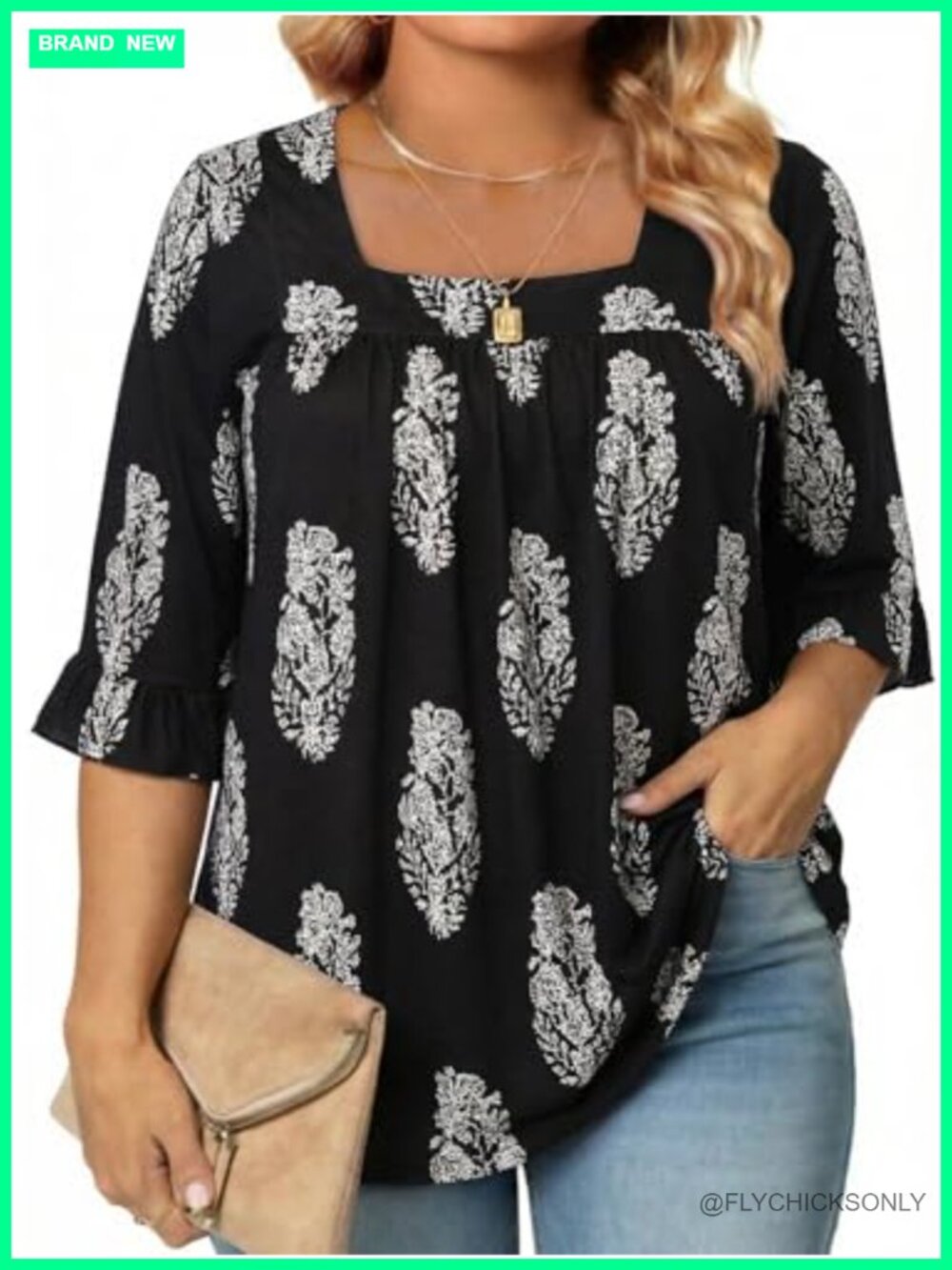 Plus Size Tunic Top 3/4 Ruffle Sleeve Square Neck Loose Fit Blouse